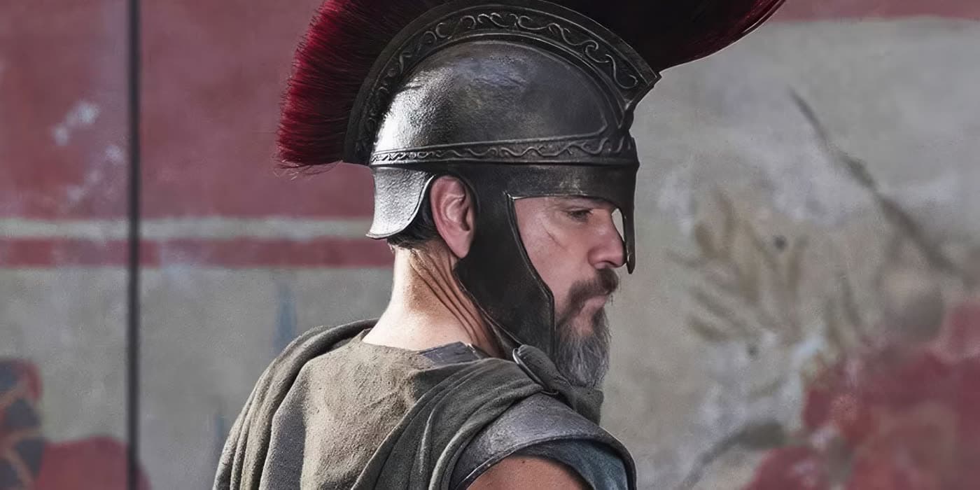 Matt Damon, Odysseus rolünde, miğferli profil — The Odyssey (2026) filminden bir kare