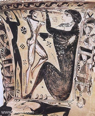 Odysseus ve adamları, elinde şarap kâsesi tutan Polyphemos'u kazıkla kör ediyor — siyah figür vazo resmi